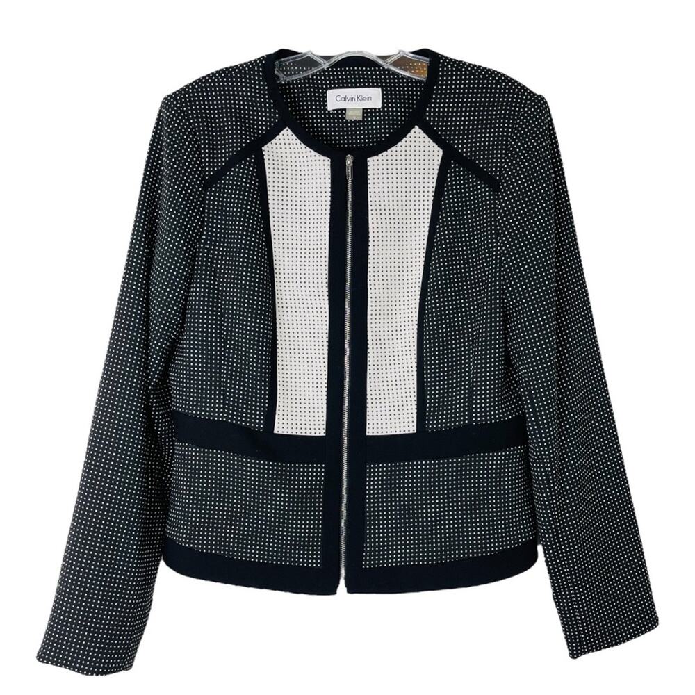 Calvin Klein black white dot contrast zip stretch preppy office blazer jacket 12